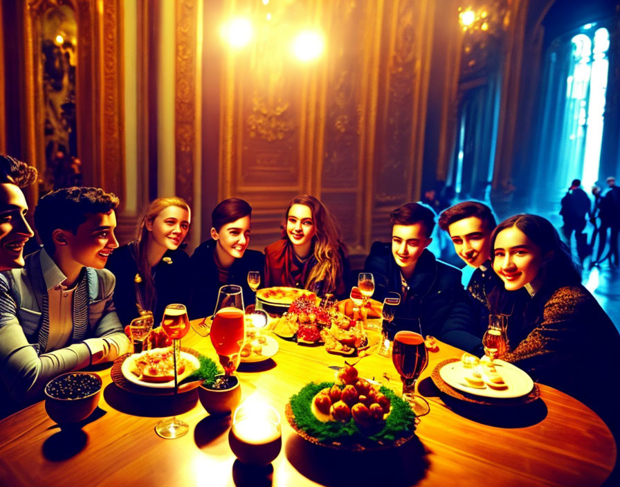 Young adults having festive dinner in ornate room with candlelight