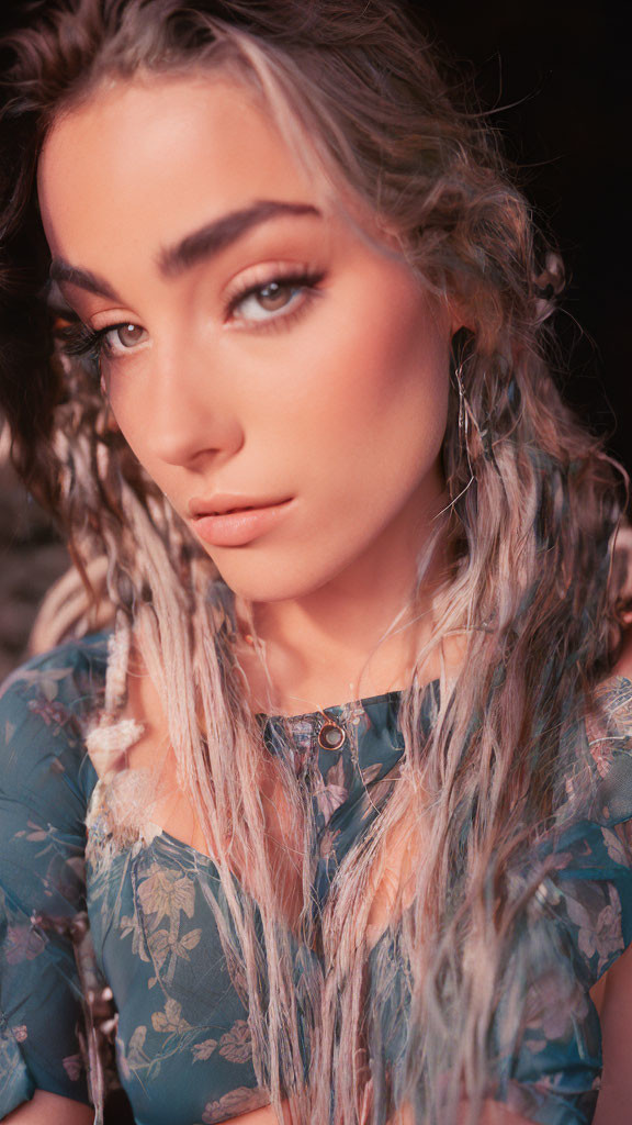 Curly-Haired Woman in Floral Top with Intense Gaze