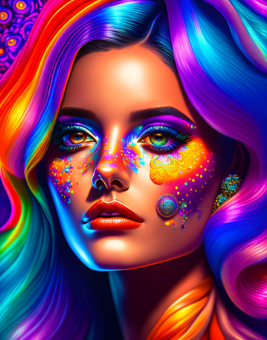 Colorful digital art portrait of woman with multicolored hair and vibrant face paint