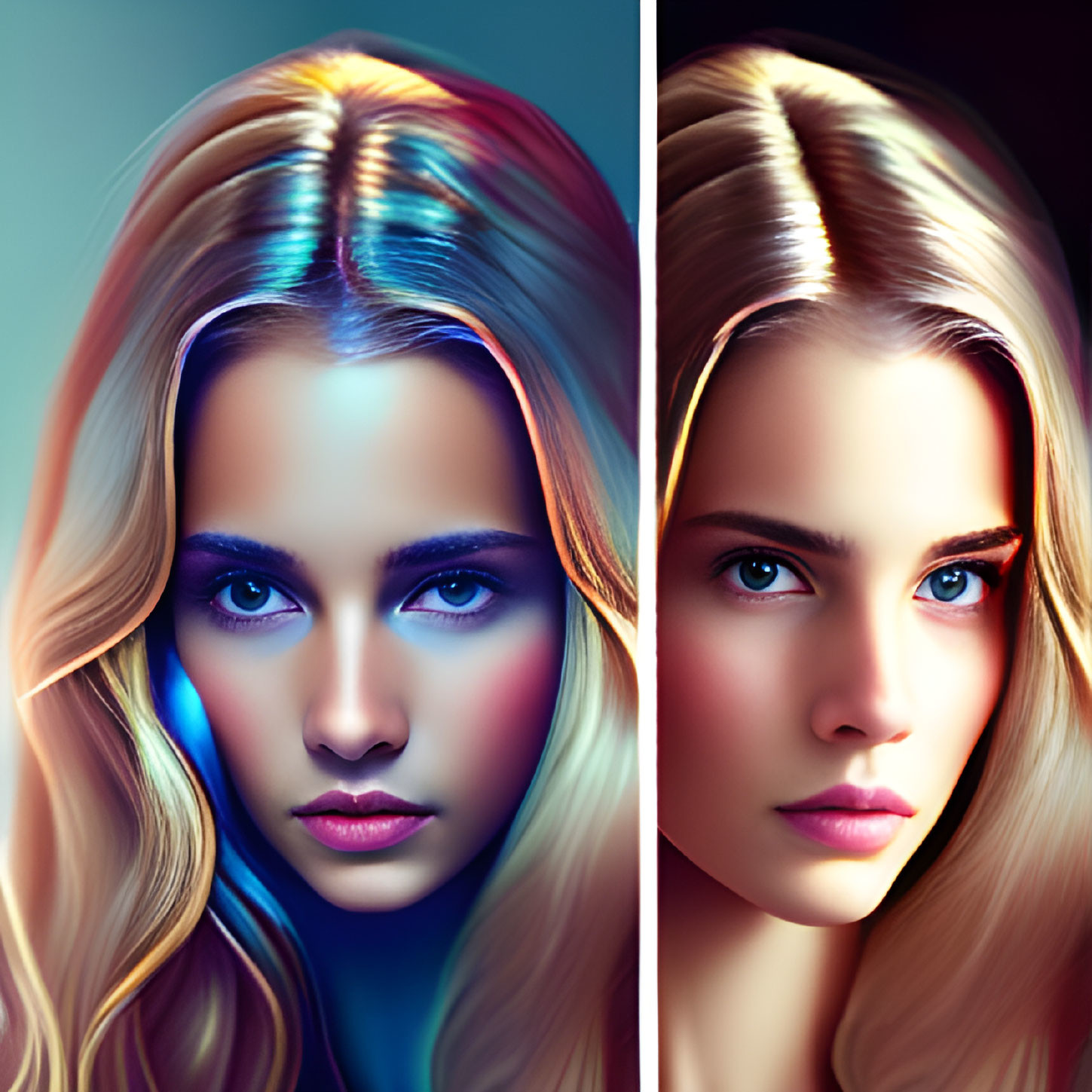 Split Image: Woman's Face with Natural Tones & Neon Blue/Pink Lighting