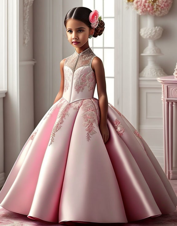 Young girl in pink ball gown with floral embroidery in luxurious room