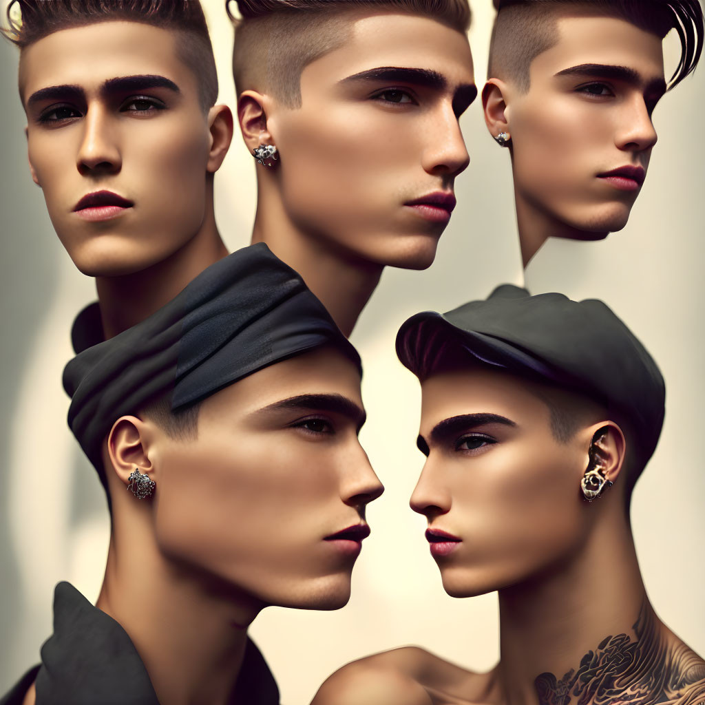Male model with stylish haircuts and ear piercings in four portrait collages