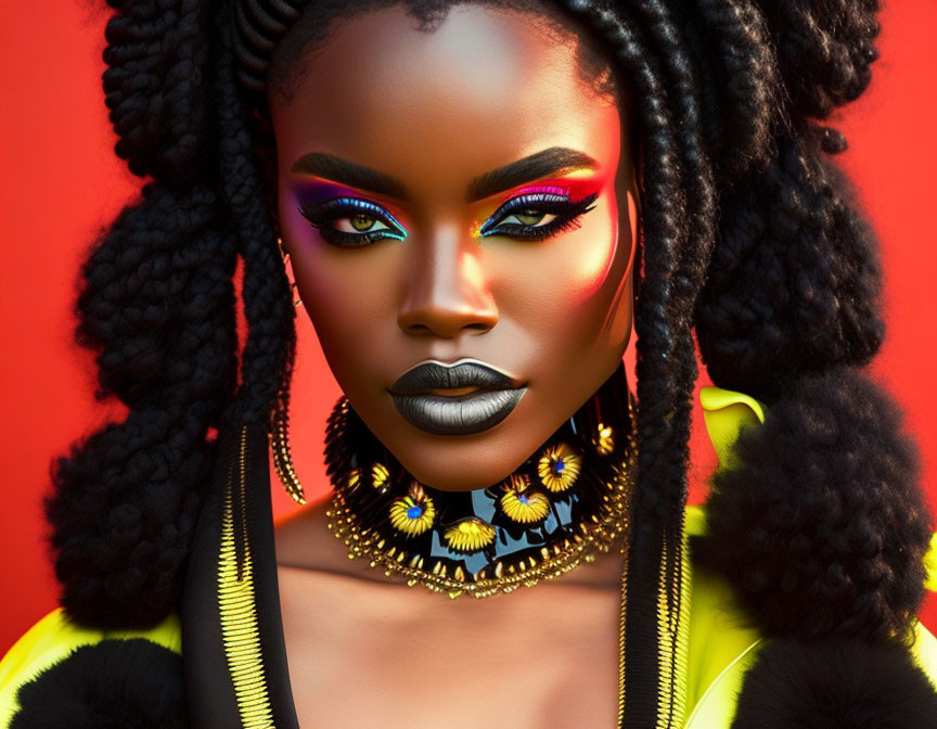 Portrait of woman with vibrant purple eyeshadow, black lipstick, braided hair, and sunflower