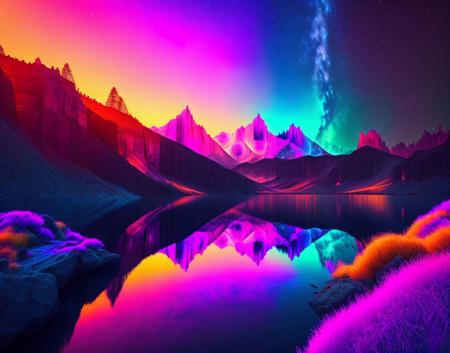 Neon-lit night sky reflected in tranquil lake amid colorful flora and mountains