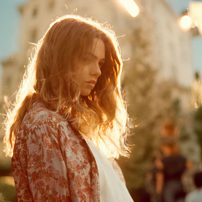 Woman in floral outfit in golden sunlight with soft focus.