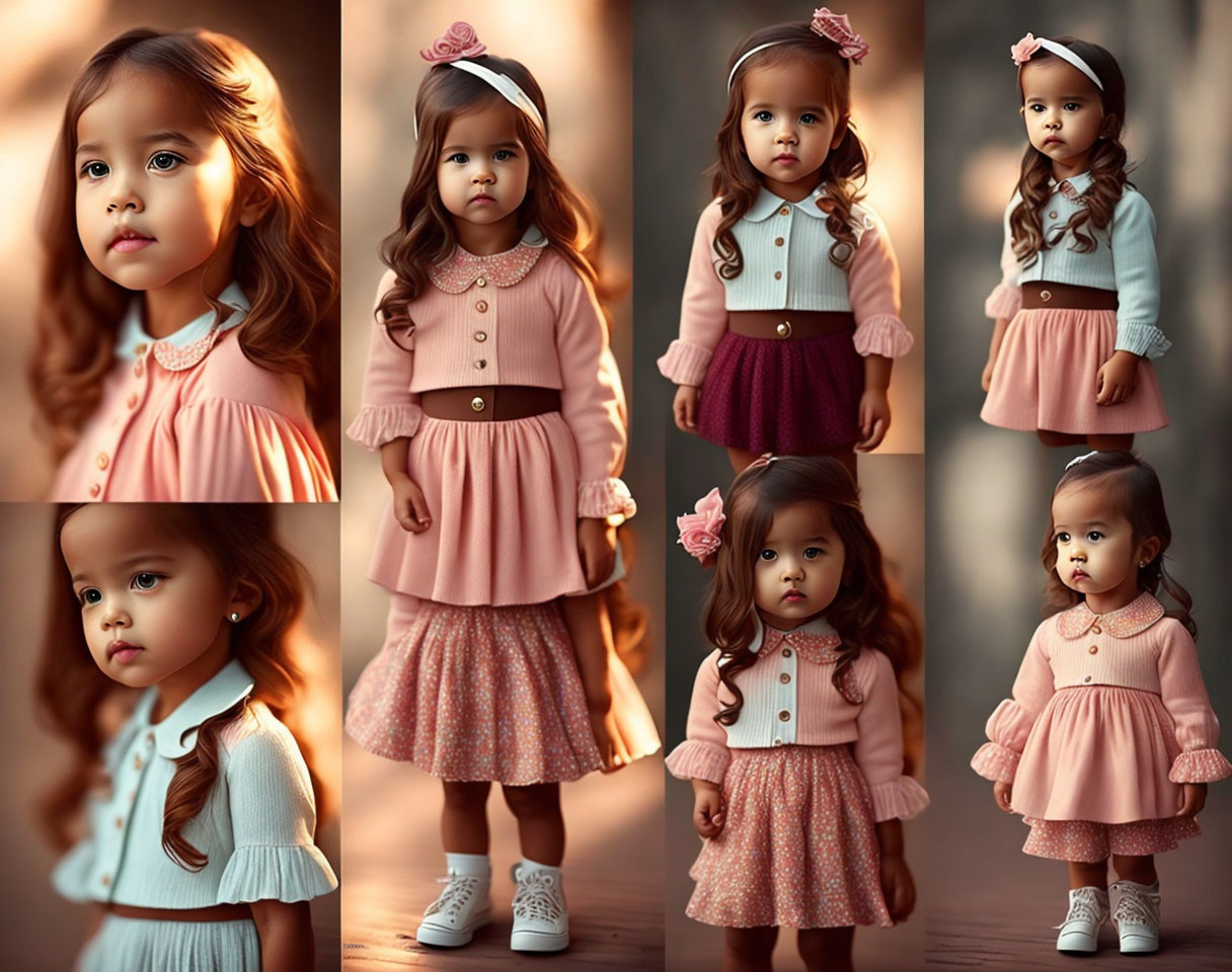 Collage of eight vintage-style dress images with young girl in soft lighting