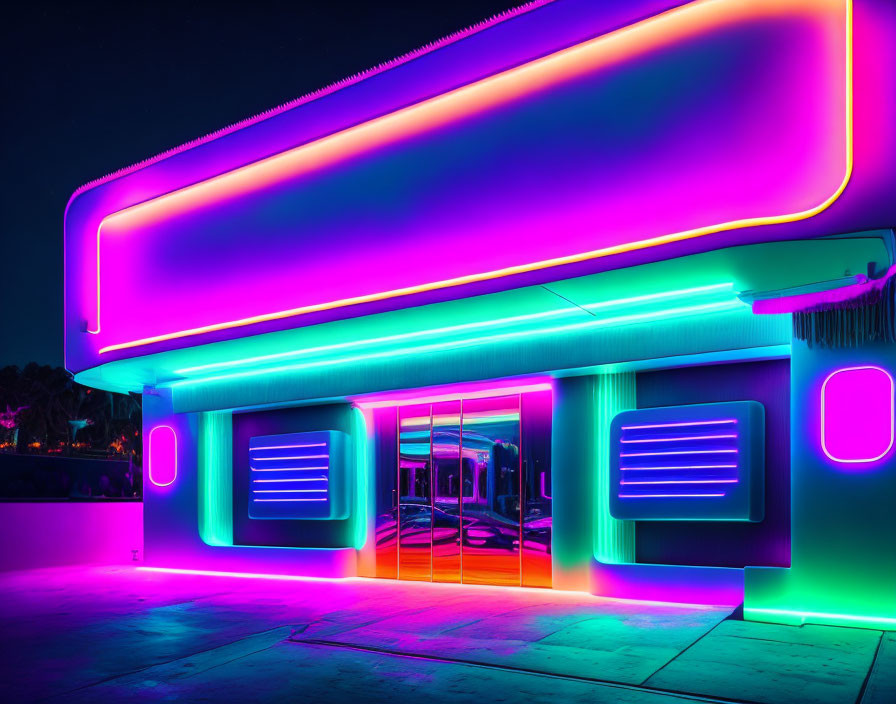 Modern architectural design illuminated by vibrant neon lights