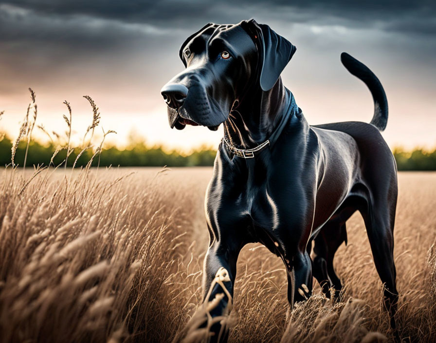 Black Dog in Golden Field at Sunset