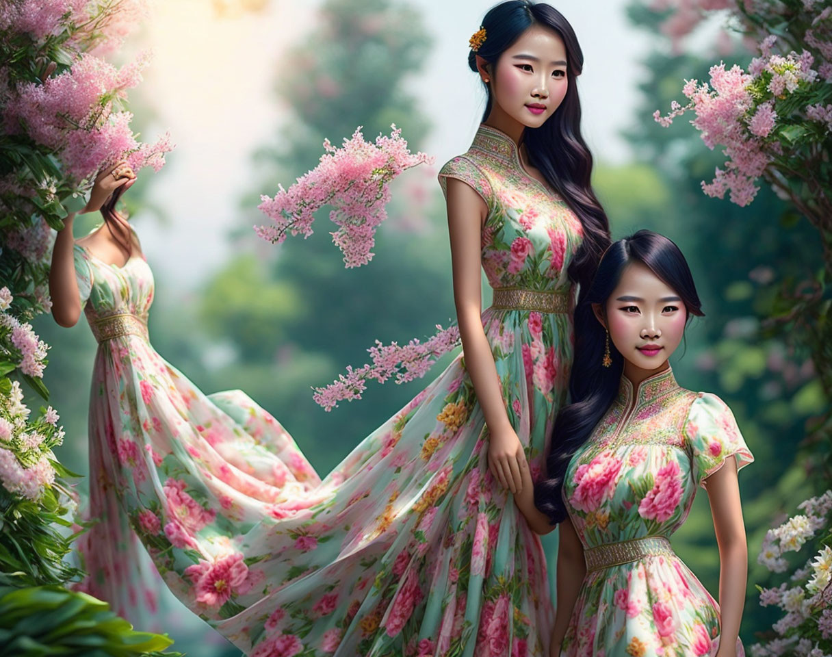 Two Women in Floral Dresses Surrounded by Pink Blossoms