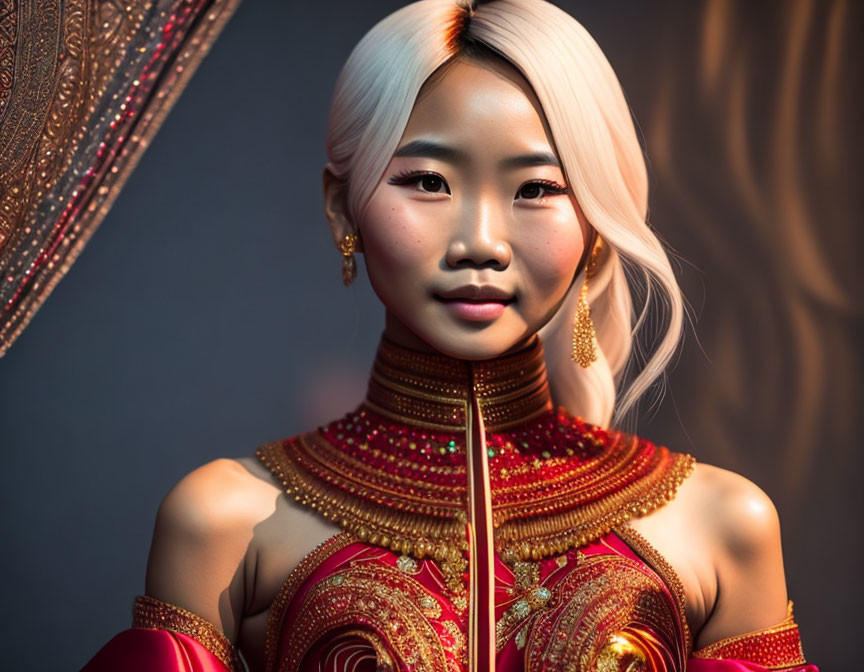 Pale-skinned woman in white hair and red/gold attire with jewelry gazes serenely.