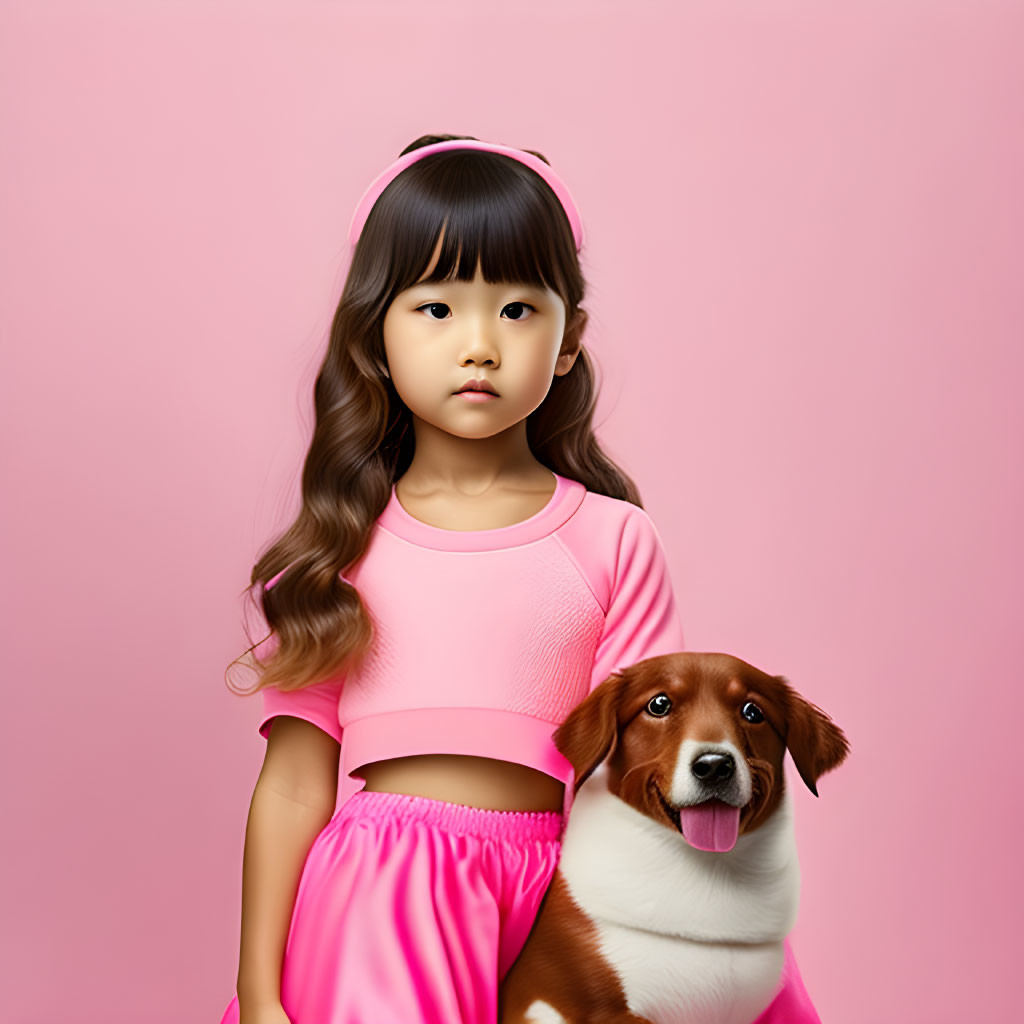 Young girl in pink outfit with dog on pink background