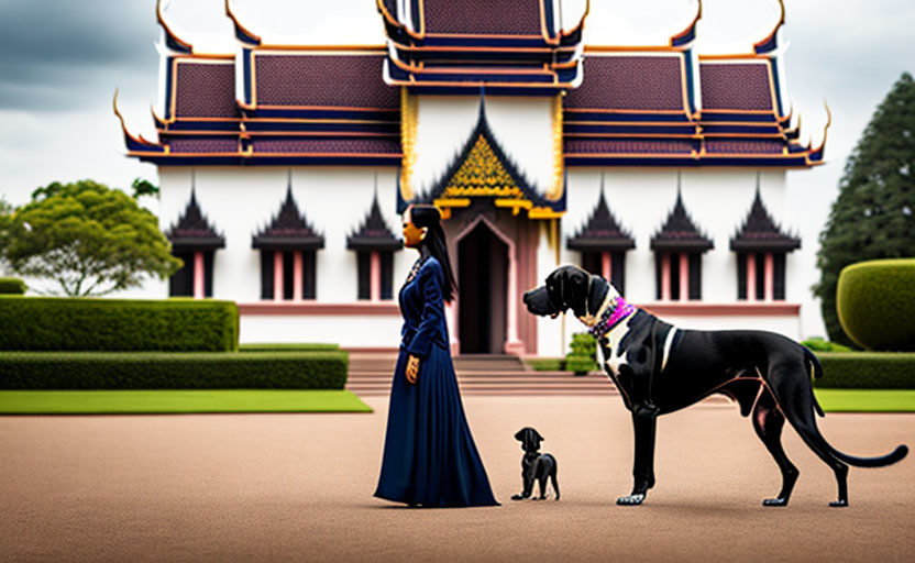 Woman in Blue Dress with Dog and Puppy at Ornate Temple Landscape