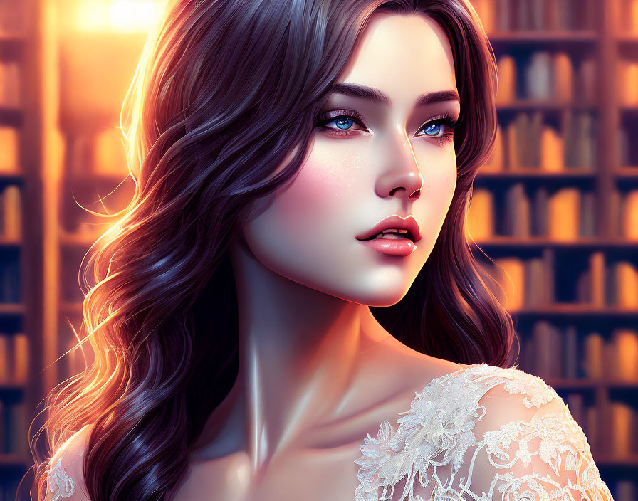 Digital portrait of woman with deep blue eyes and wavy brown hair in bookshelf background