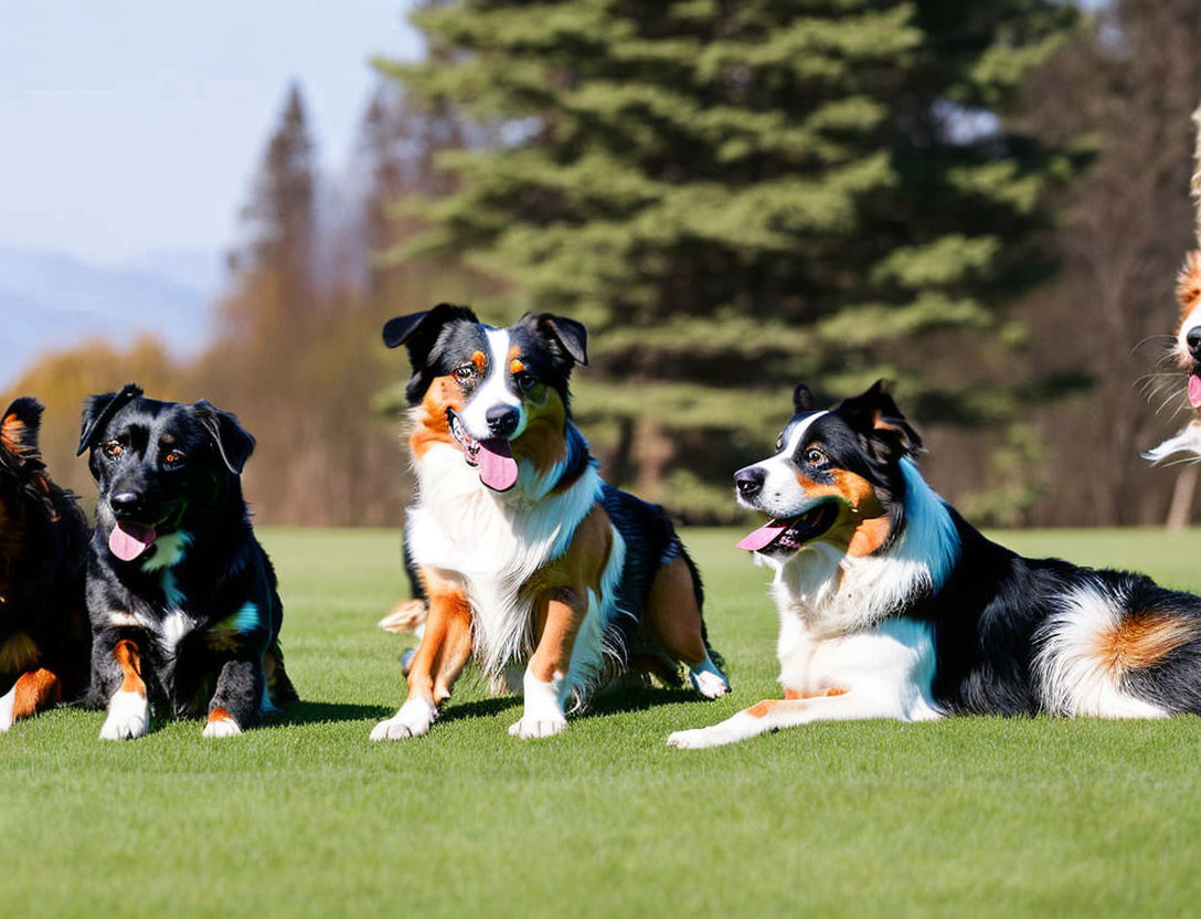 Three Dogs Sitting on Grass with Trees on Sunny Day