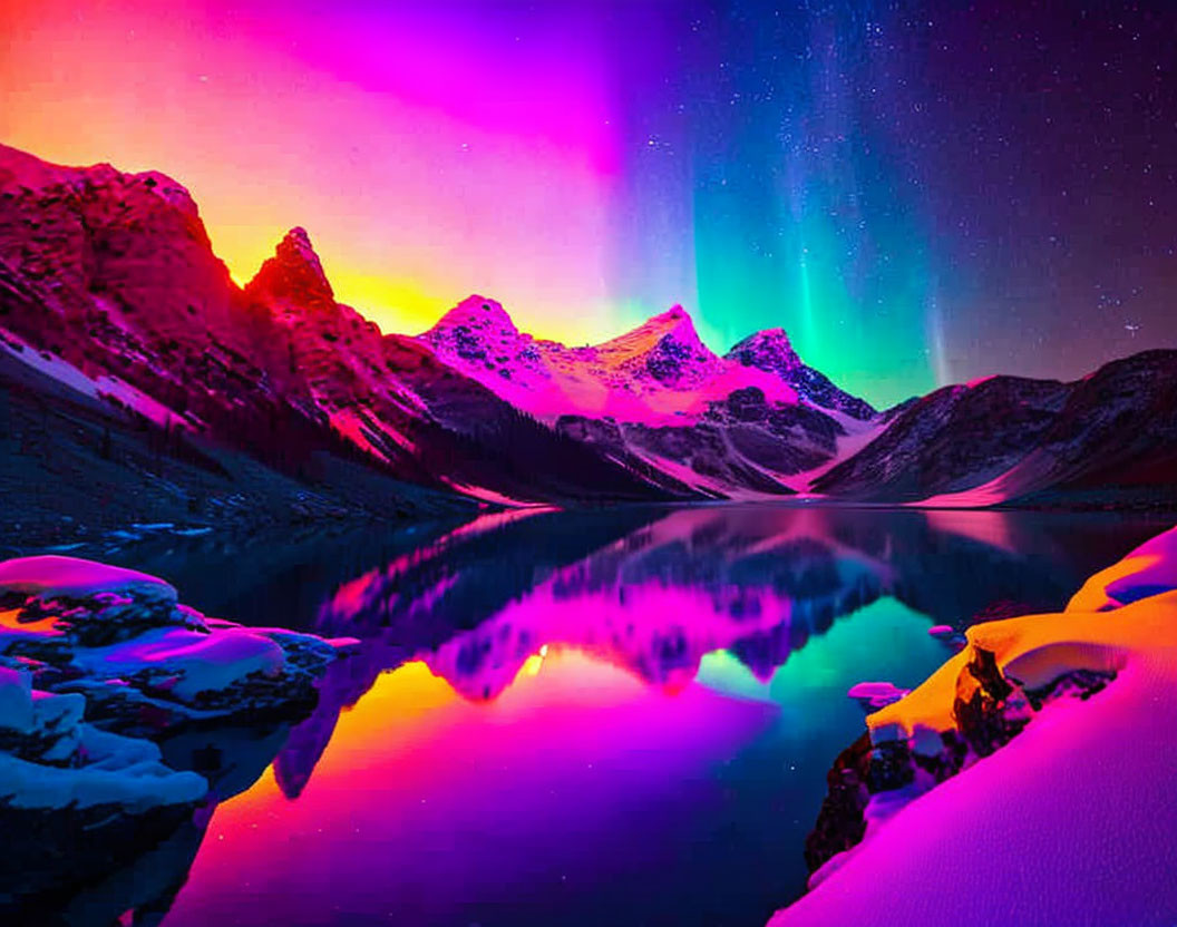 Colorful Aurora Borealis Over Snowy Mountains and Lake at Twilight