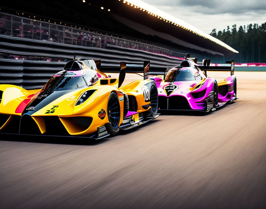 Two vibrant racing cars on track: yellow and pink colors blur on racetrack.