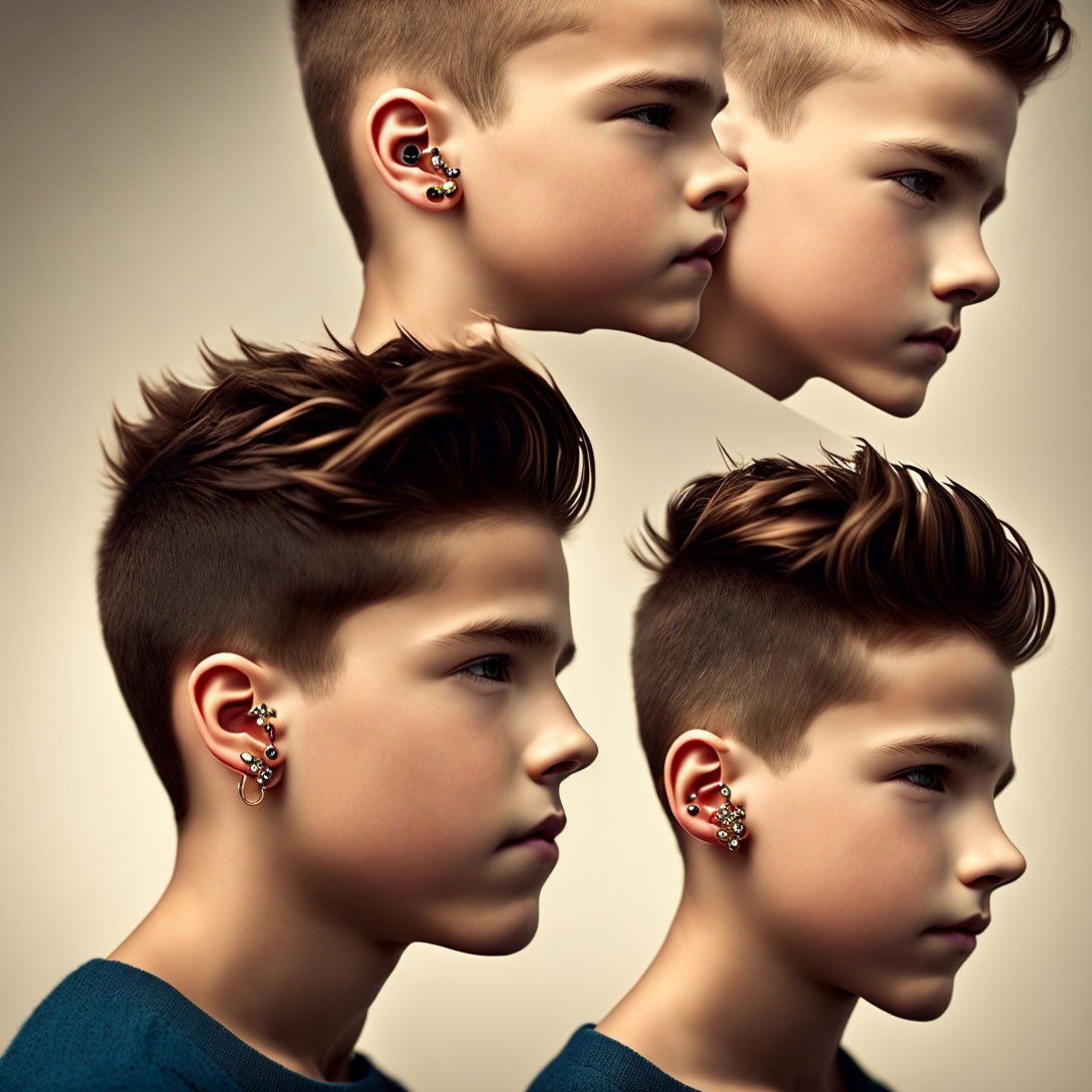 Boy with Modern Hairstyle and Earring in Cascading Images on Beige Background