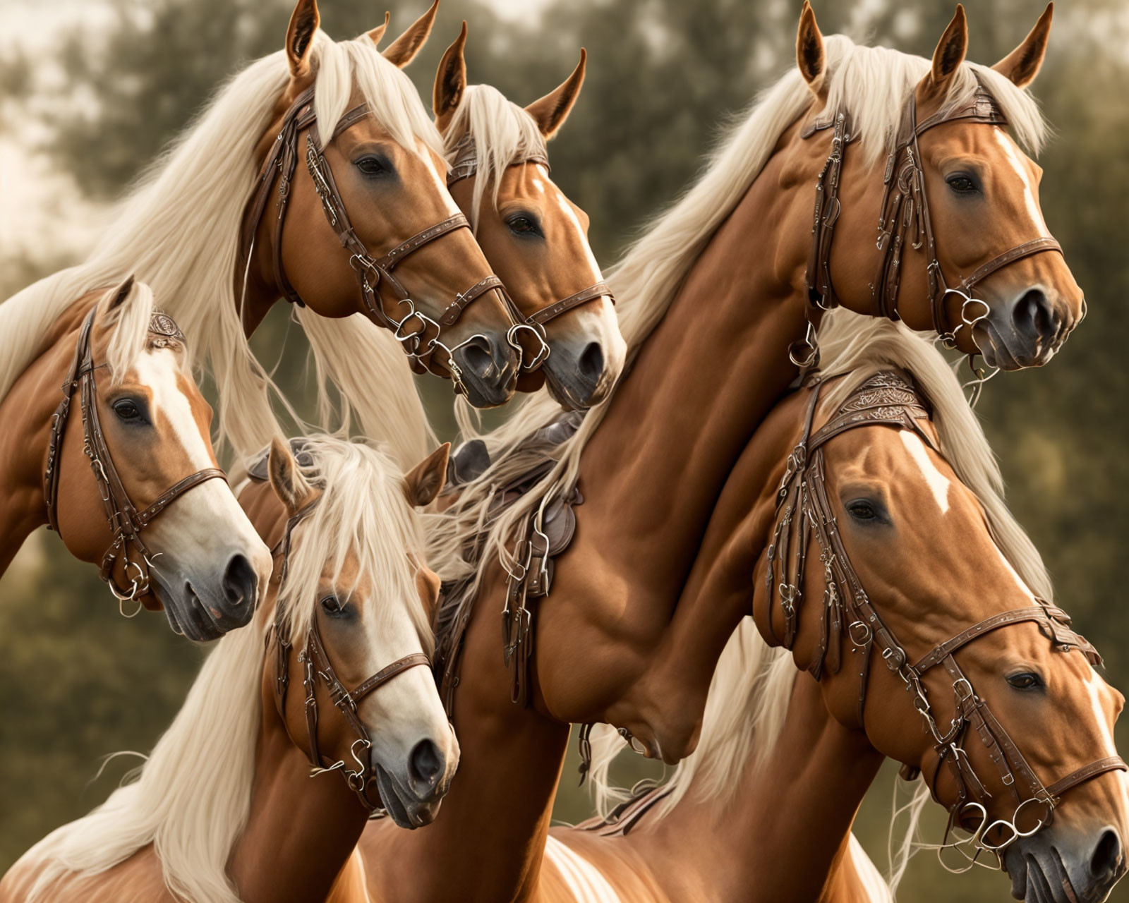 Five chestnut horses with white manes and bridles, grouped on blurred background