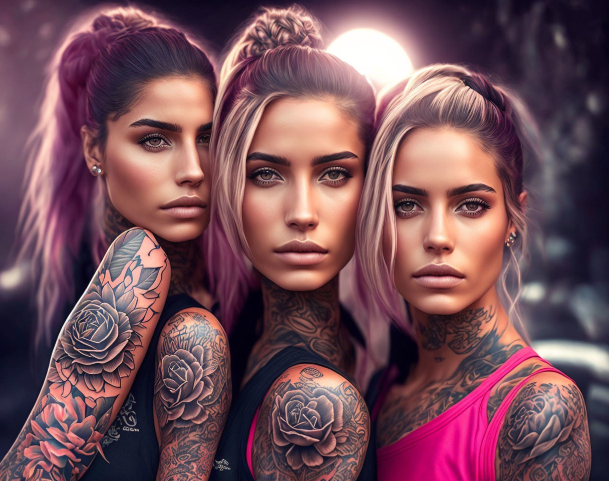 Three women with stylized makeup, tattoos, and piercings under dreamy backdrop