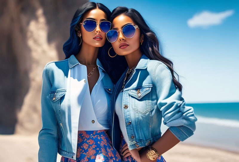 Two women in sunglasses and denim jackets at sunny beach.