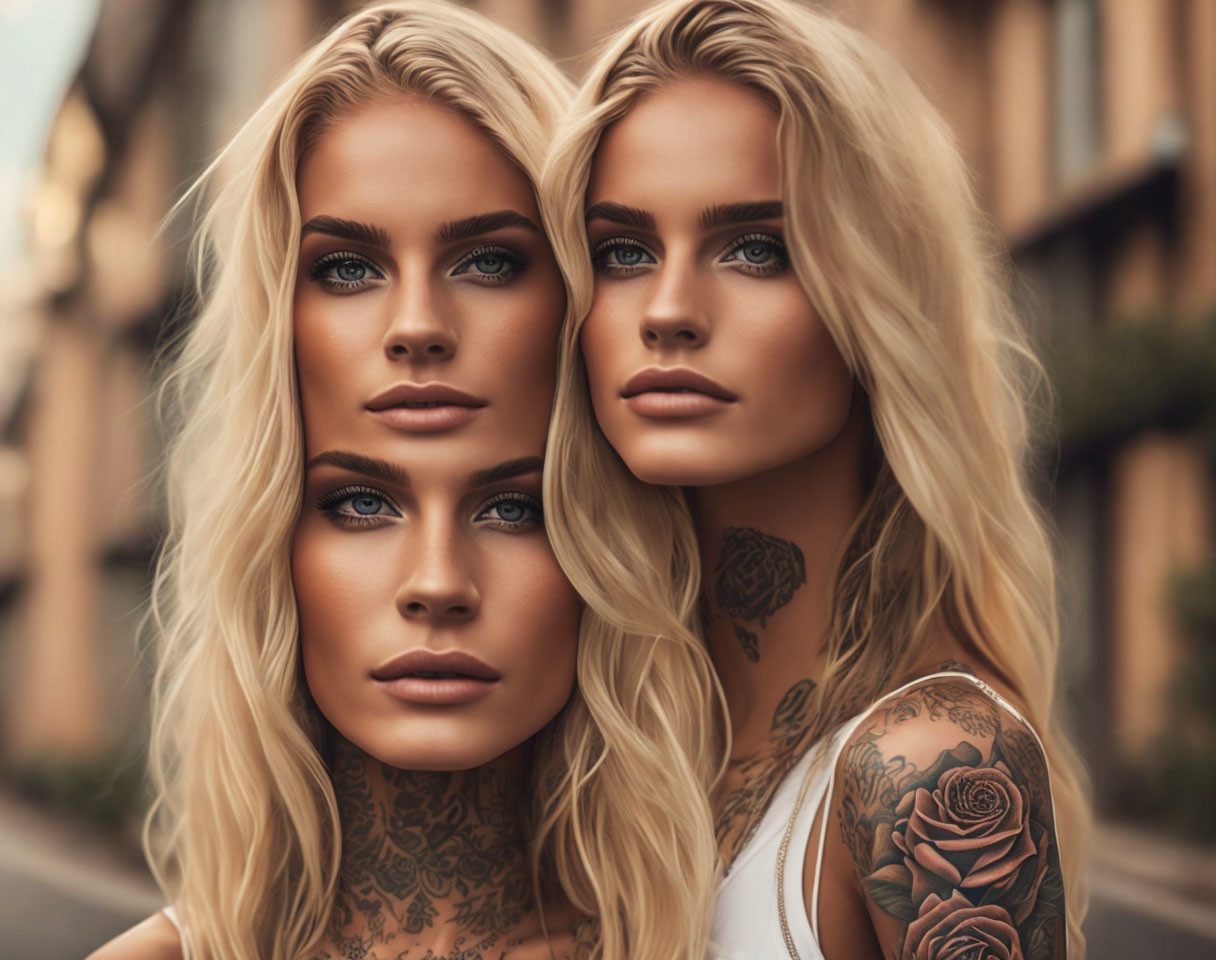 Blonde women with tattoos and blue eyes posing in city street.