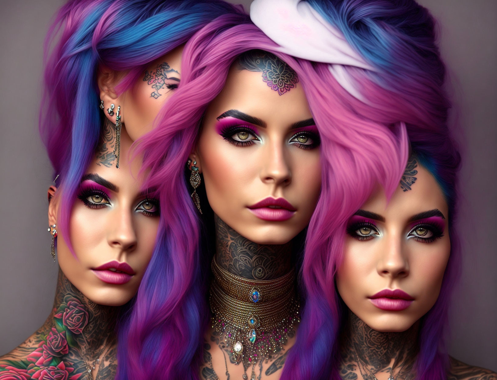 Three women with vibrant purple and blue hair, intricate tattoos, bold makeup, and ornate jewelry on