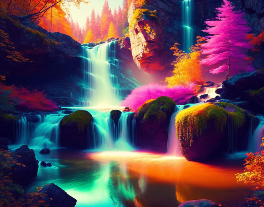 Surreal landscape with vibrant waterfall, moss-covered rocks, and colorful autumn trees