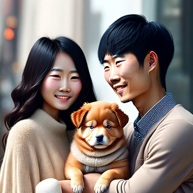 Smiling young couple with dog in sweater outdoors