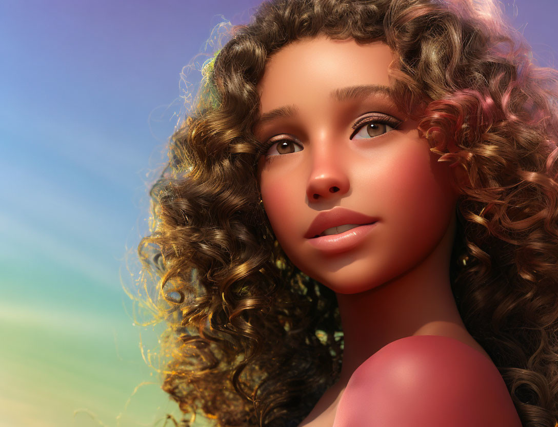 Curly-Haired Woman 3D Illustration in Serene Pose with Blue and Yellow Background