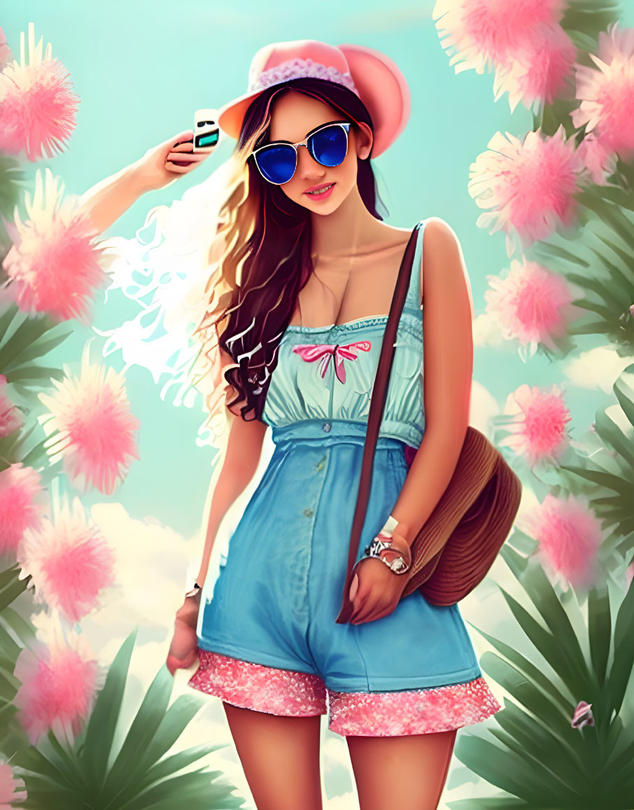 Fashionable young woman in summer attire with sunglasses and hat, surrounded by flowers