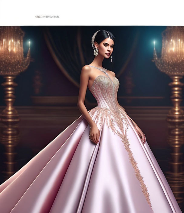 Luxurious Pink Gown with Gold Embroidery in Grand Hall