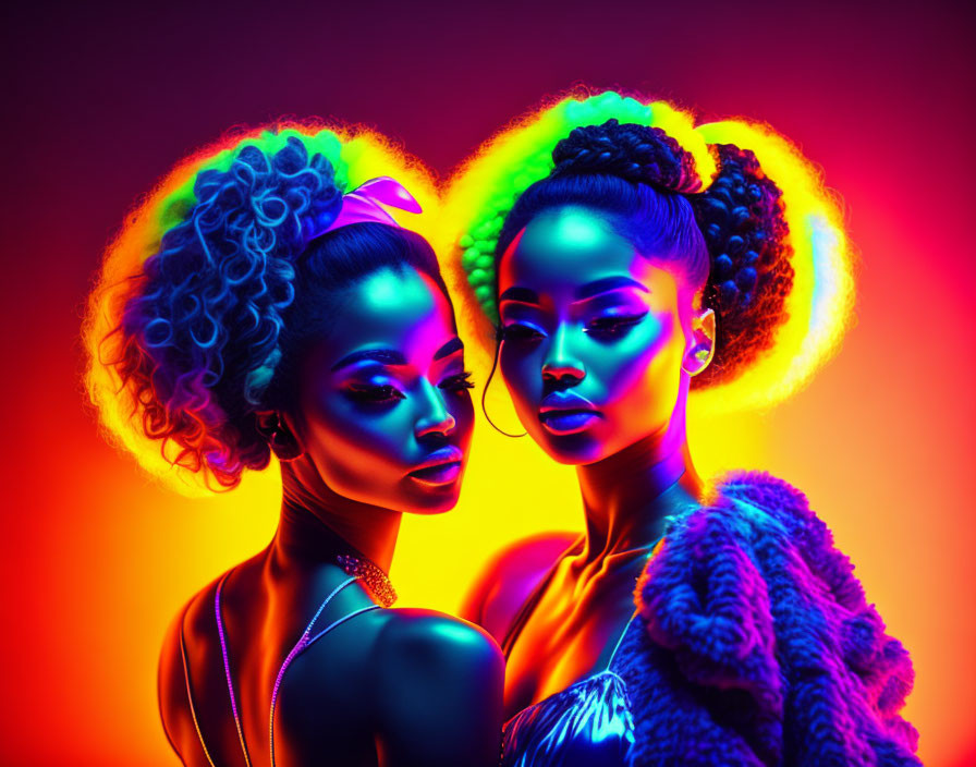 Vibrant neon makeup on two women with bold fashion and stylish hairdos