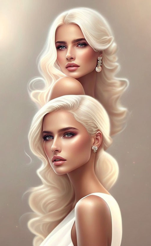 Digital artwork: Woman with platinum blonde hair, blue eyes, fair skin, and earrings in front and