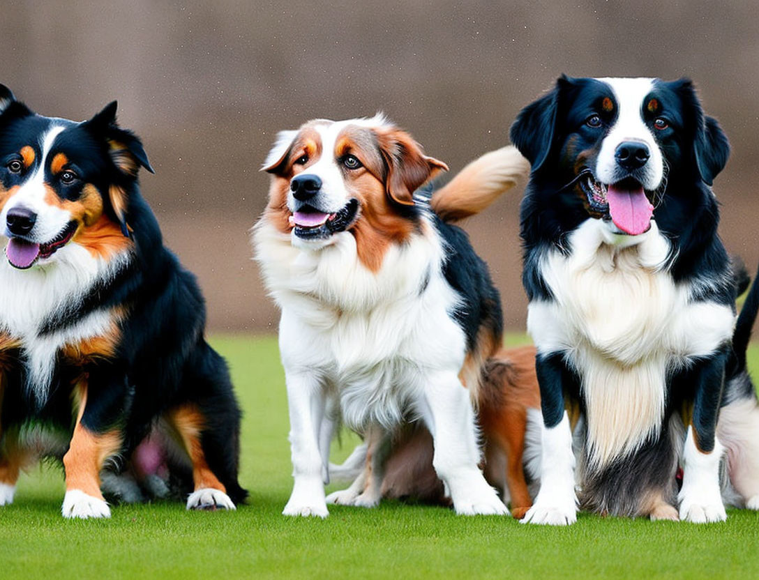 Tricolor Australian Shepherd dogs panting on grass