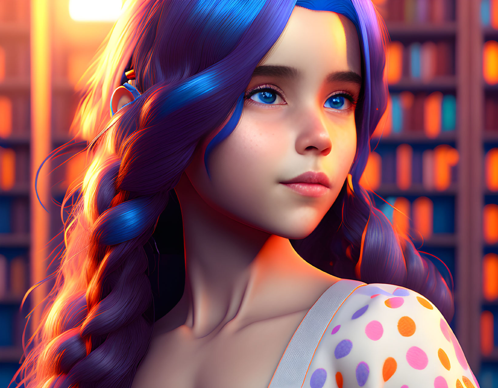 Portrait of a girl with blue hair and eyes against bookshelf backdrop