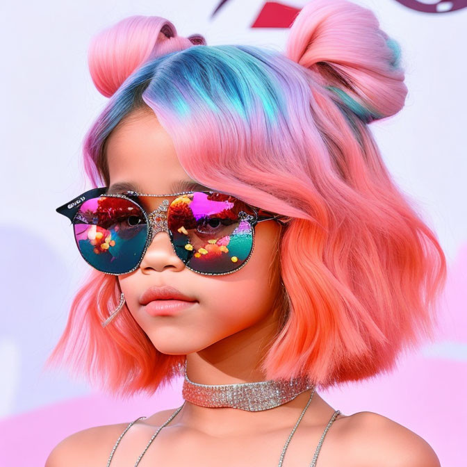 Girl with Pastel Pink and Blue Hair in Buns and Round Sunglasses