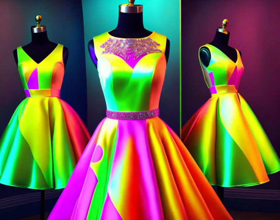 Three Vibrant Multicolored Sleeveless Dresses on Mannequins