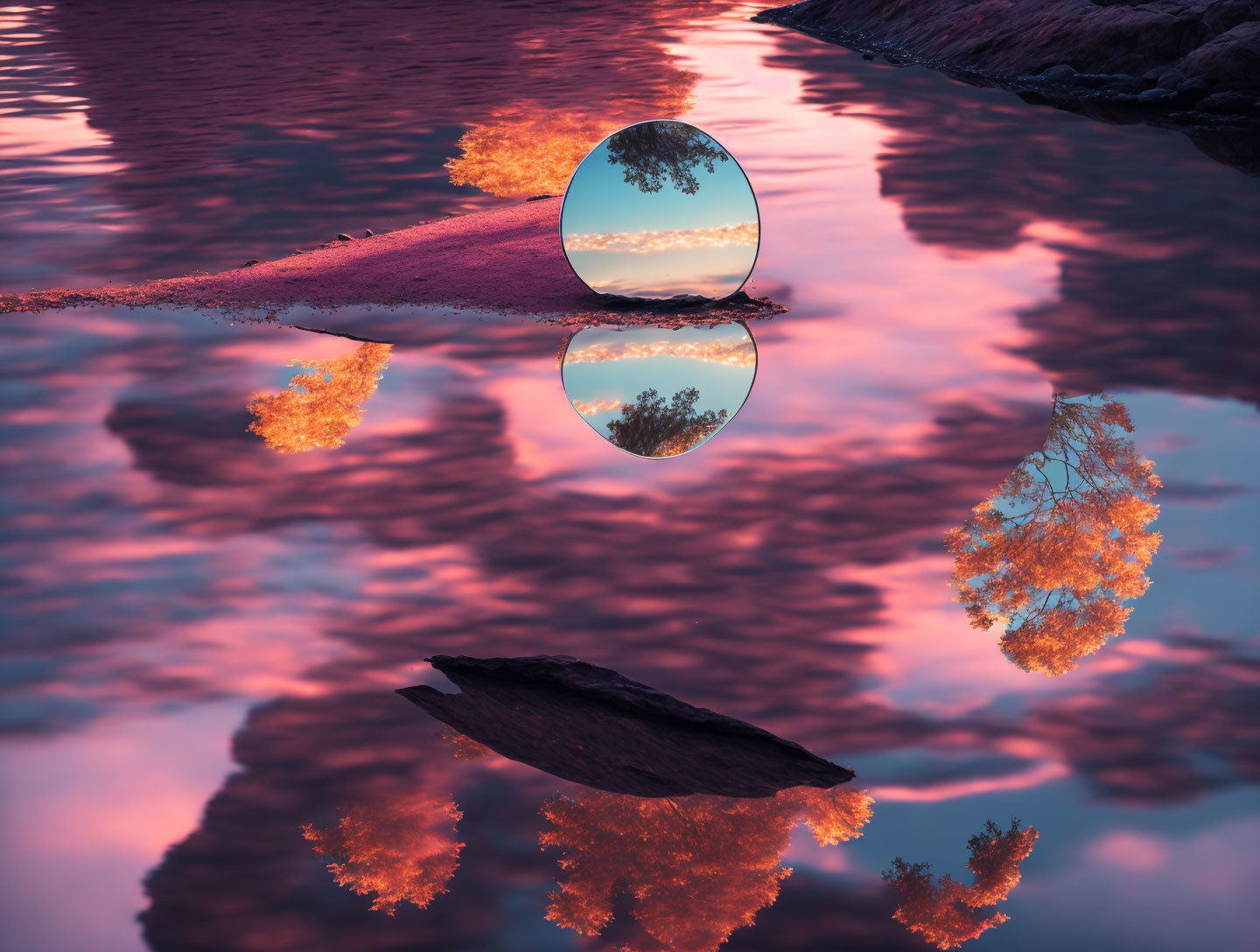 Tranquil sunset lake with tree reflections and circular portal showcasing alternate landscape