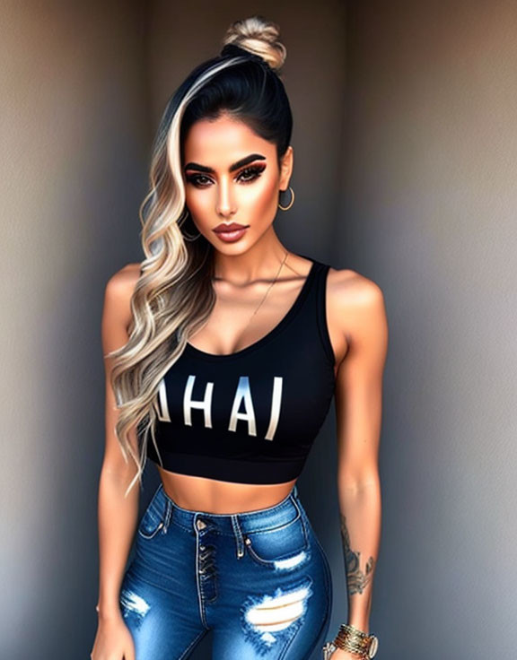 Stylized portrait of woman with ombré hair, black crop top, high-waisted