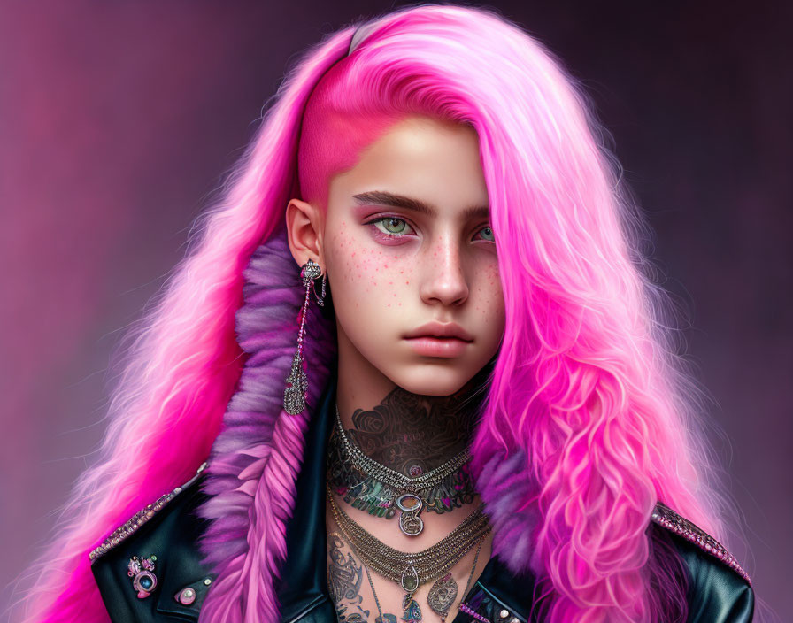 Person with Vibrant Pink Hair, Ear Piercings, Leather Jacket, Tattoos, and Feather