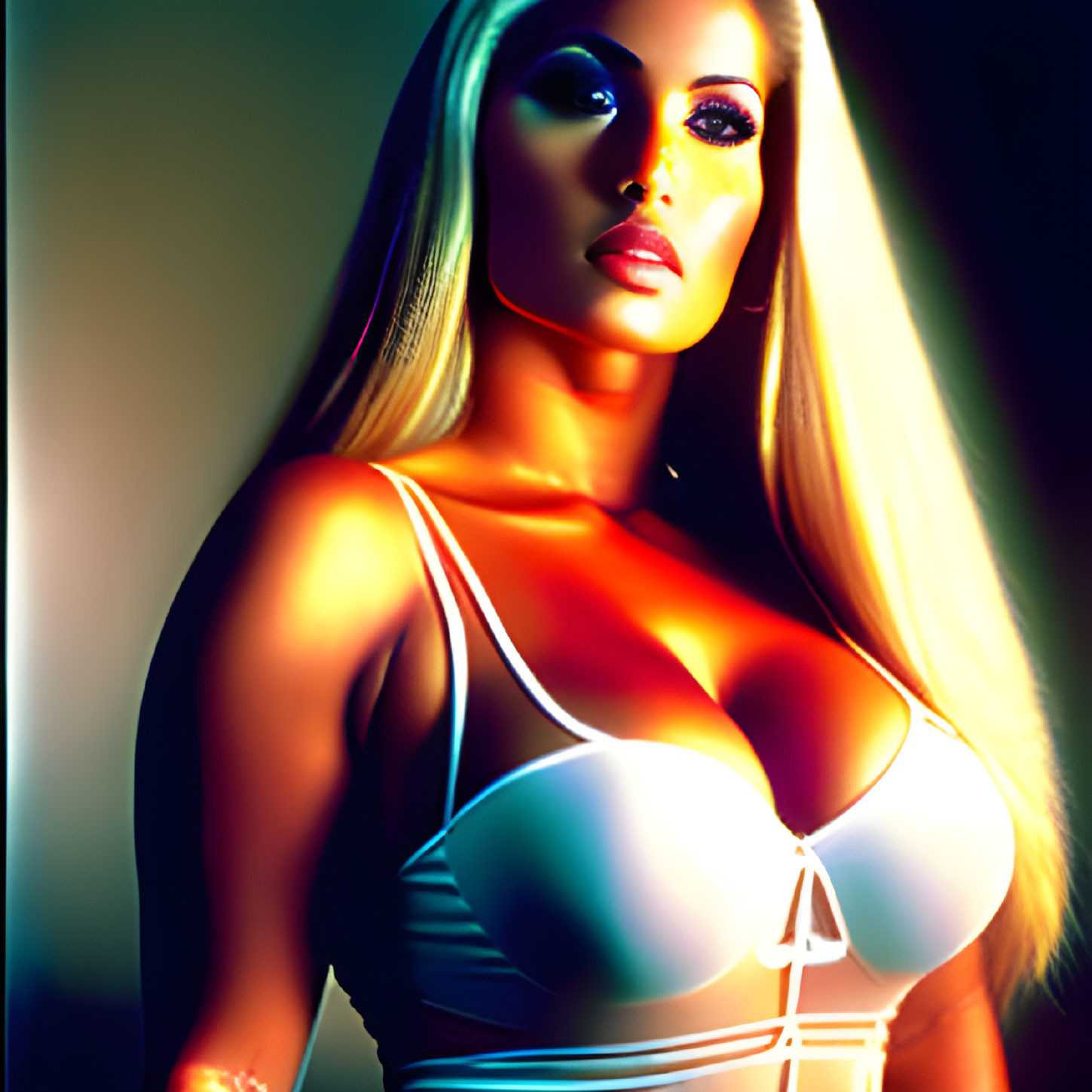 Blonde Woman in White Top Portrait with Striking Lighting