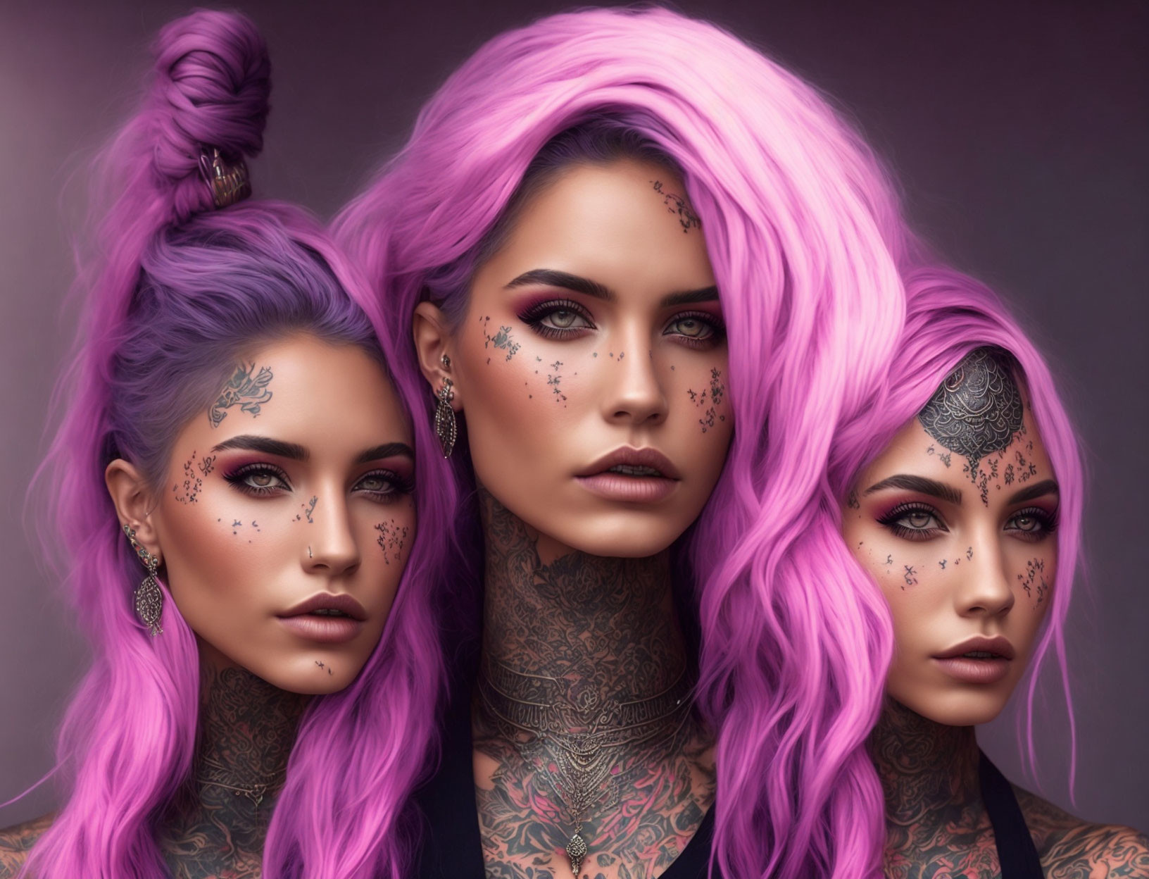 Vibrant pink hair and facial tattoos on three women with dark makeup