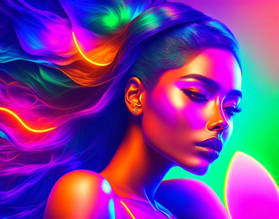 Colorful digital portrait of a woman with flowing neon hair in a serene side profile.