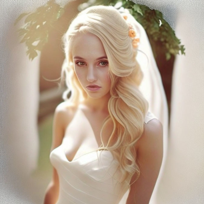 Blonde woman in white dress under sunlight and leaves