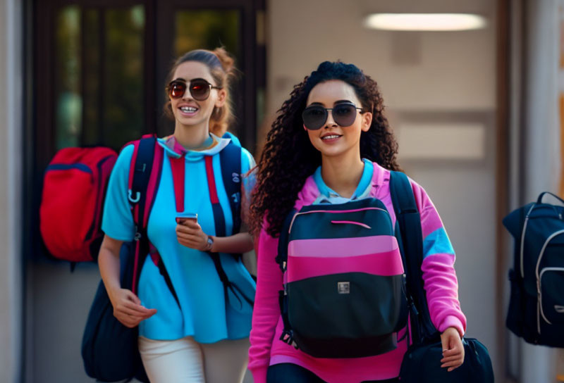 Two smiling female students with backpacks walking outdoors.