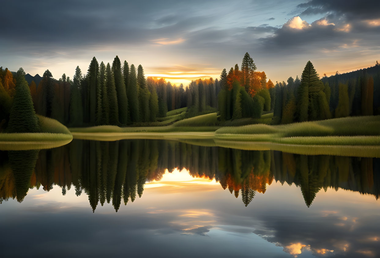 Tranquil lake with towering conifers and sunset sky reflection.