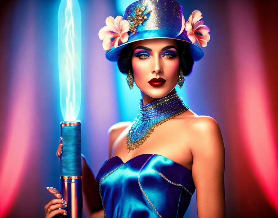 Stylized woman with dramatic makeup holding a flaming torch in blue attire