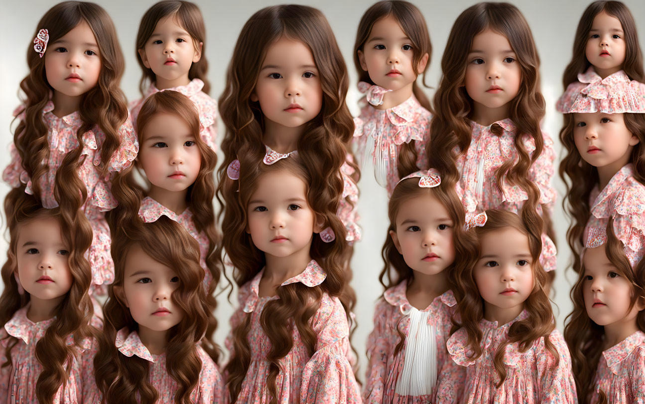 Young girl with long curly hair in patterned dress and bow clip against grey background