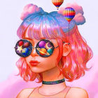 Girl with Pastel Pink and Blue Hair in Buns and Round Sunglasses