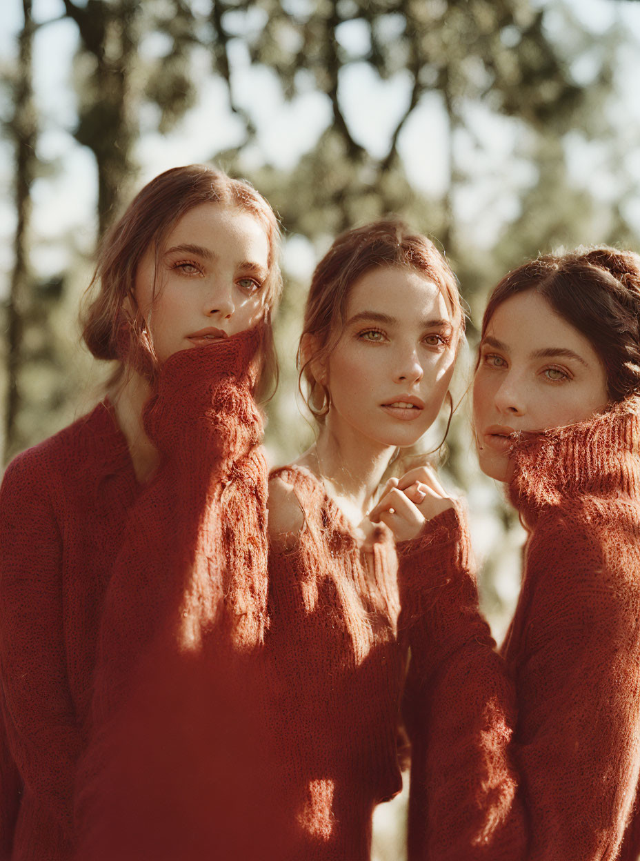 Three Women in Red Sweaters Posed in Sunlit Forest